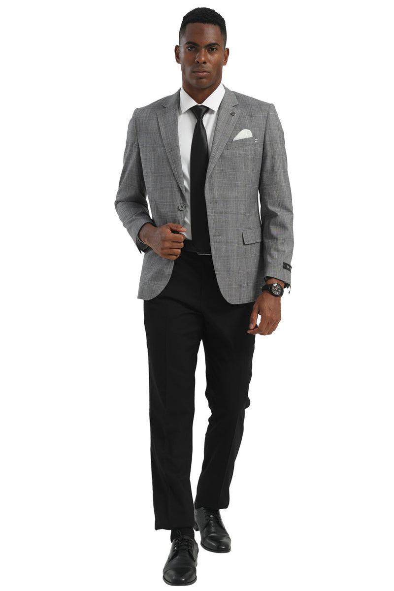 Men's Two Button Modern Fit Business Sport Coat in Light Grey Glen Plaid