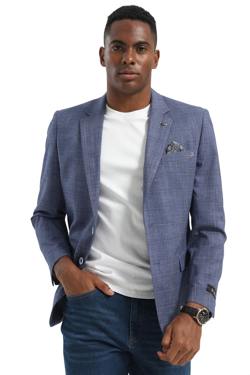 Men's Two Button Modern Fit Business Sport Coat in Light Blue Glen Plaid