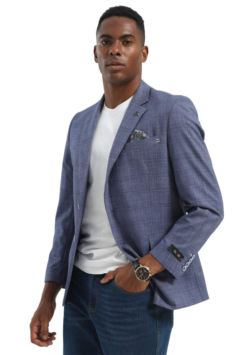 Men's Two Button Modern Fit Business Sport Coat in Light Blue Glen Plaid