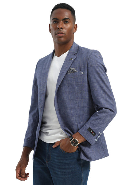 Men's Two Button Modern Fit Business Sport Coat in Light Blue Glen Plaid