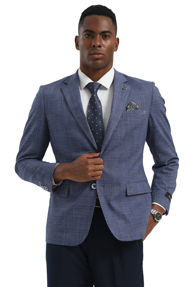 Men's Two Button Modern Fit Business Sport Coat in Light Blue Glen Plaid