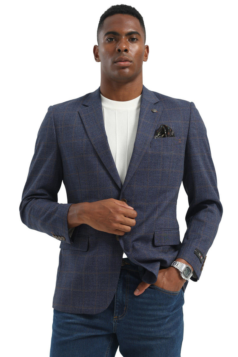 Men's Two Button Modern Fit Business Sport Coat in Navy Blue & Tan Windowpane Plaid