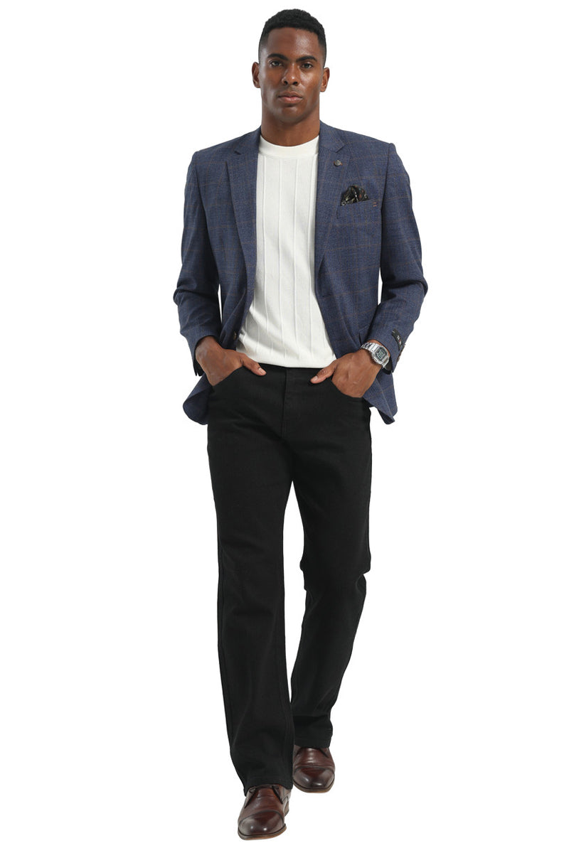 Men's Two Button Modern Fit Business Sport Coat in Navy Blue & Tan Windowpane Plaid