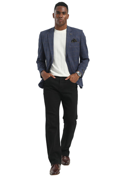 Men's Two Button Modern Fit Business Sport Coat in Navy Blue & Tan Windowpane Plaid