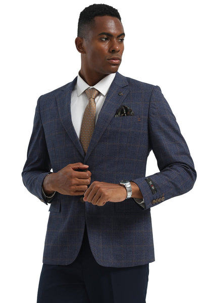 Men's Two Button Modern Fit Business Sport Coat in Navy Blue & Tan Windowpane Plaid