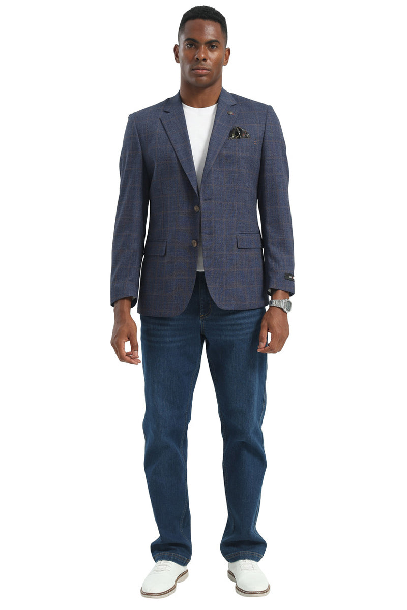 Men's Two Button Modern Fit Business Sport Coat in Navy Blue & Tan Windowpane Plaid
