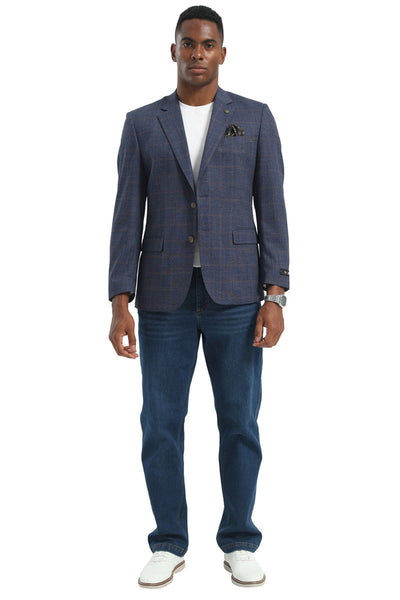 Men's Two Button Modern Fit Business Sport Coat in Navy Blue & Tan Windowpane Plaid
