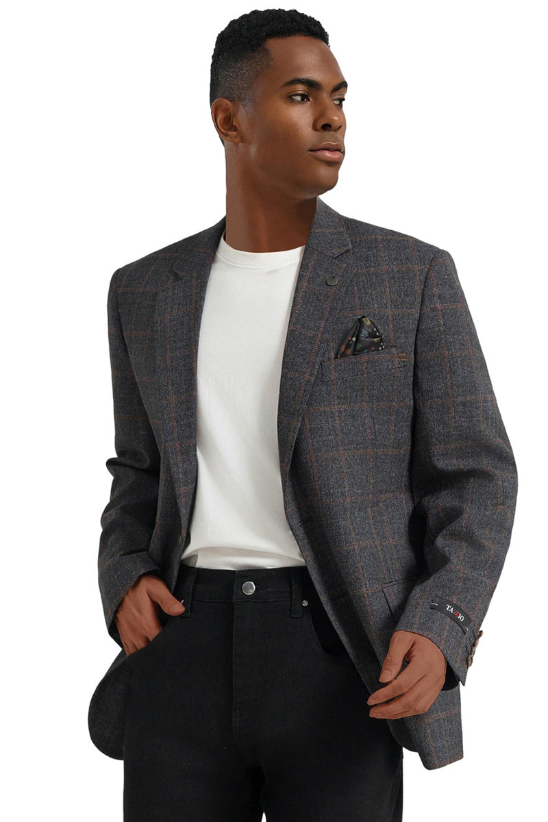 Men's Two Button Modern Fit Business Sport Coat in Charcaol Grey & Rust Windowpane Plaid