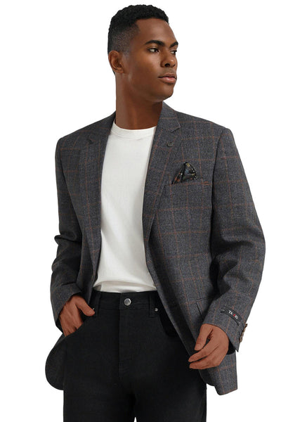 Men's Two Button Modern Fit Business Sport Coat in Charcaol Grey & Rust Windowpane Plaid