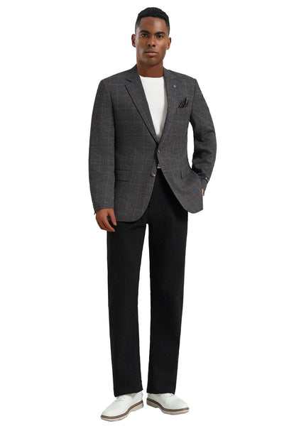 Men's Two Button Modern Fit Business Sport Coat in Charcaol Grey & Rust Windowpane Plaid