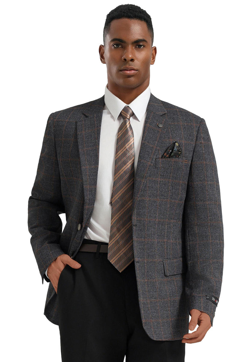 Men's Two Button Modern Fit Business Sport Coat in Charcaol Grey & Rust Windowpane Plaid