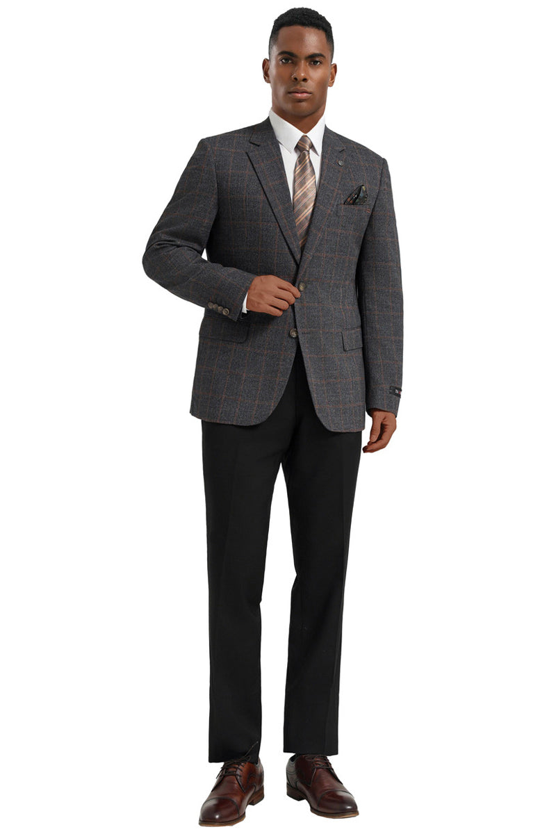 Men's Two Button Modern Fit Business Sport Coat in Charcaol Grey & Rust Windowpane Plaid