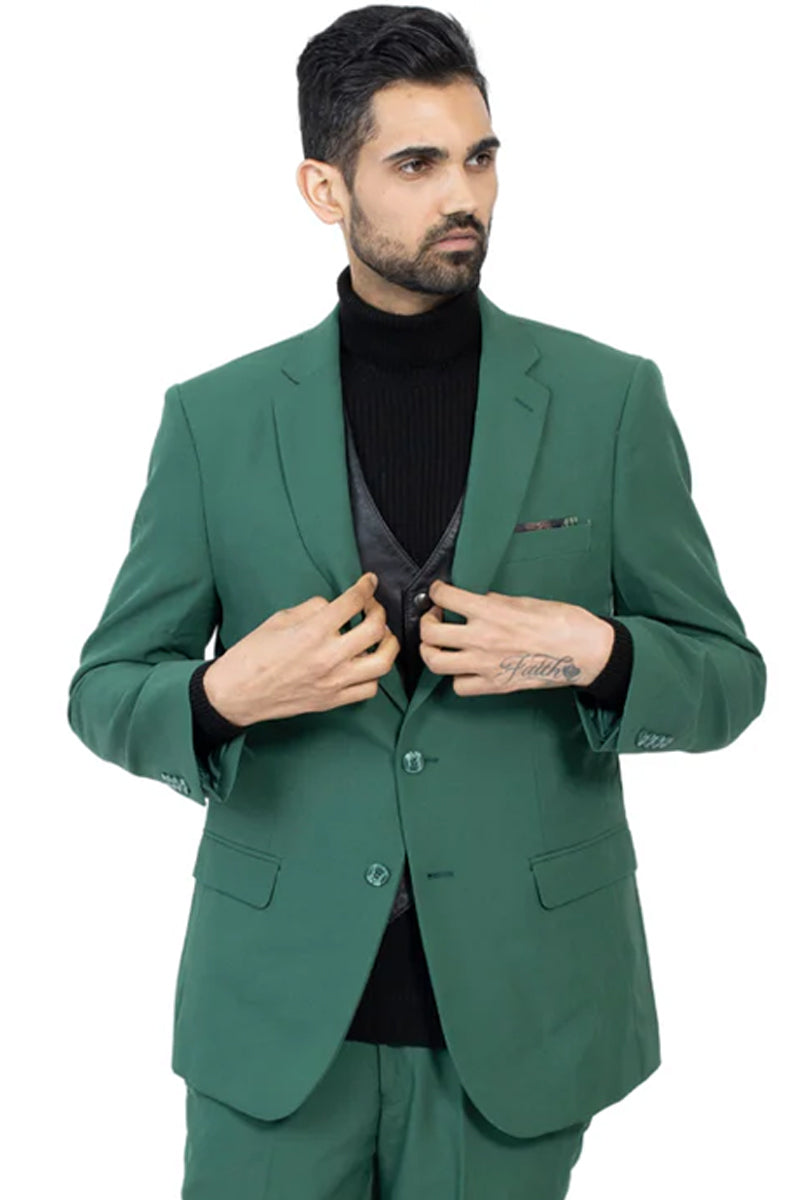 Mens Slim Fit Light Weight Poplin Polyester Suit in Hunter Green