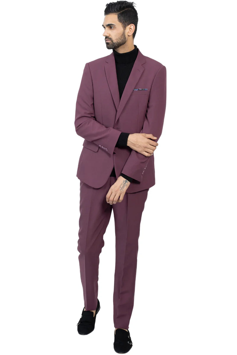 Mens Slim Fit Light Weight Poplin Polyester Suit in Burgundy