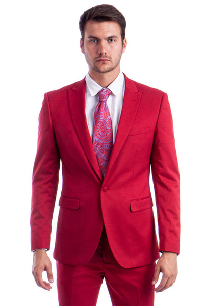 Men's One Button Peak Lapel Basic Slim Fit Suit in Red