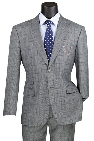 Men'ss Two Button Modern Fit Peak Lapel Plaid Suit in Medium Grey