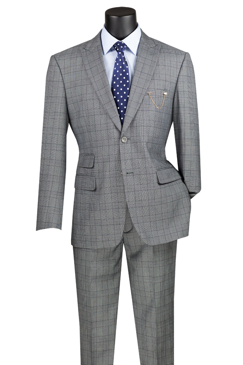 Men's Two Button Modern Fit Peak Lapel Plaid Suit in Medium Grey