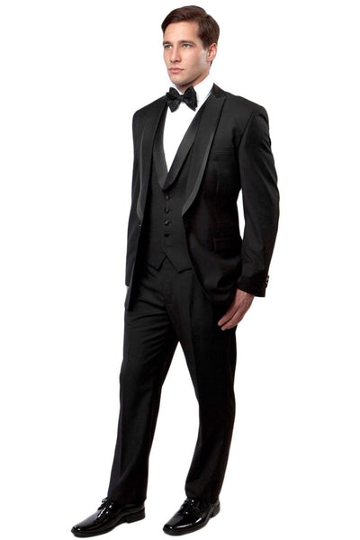 Men's One Button Satin Trimmed Peak Lapel Vested Fancy Tuxedo in Black