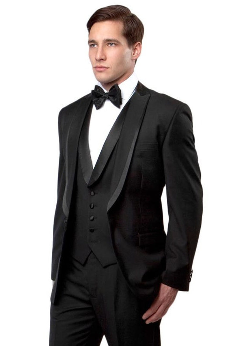 Men's One Button Satin Trimmed Peak Lapel Vested Fancy Tuxedo in Black ...