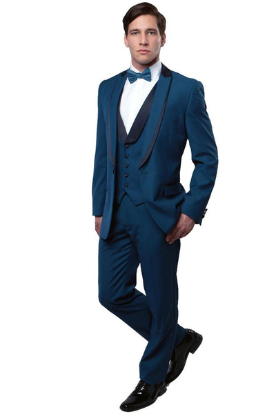 Men's One Button Satin Trimmed Peak Lapel Vested Fancy Tuxedo in Teal Blue