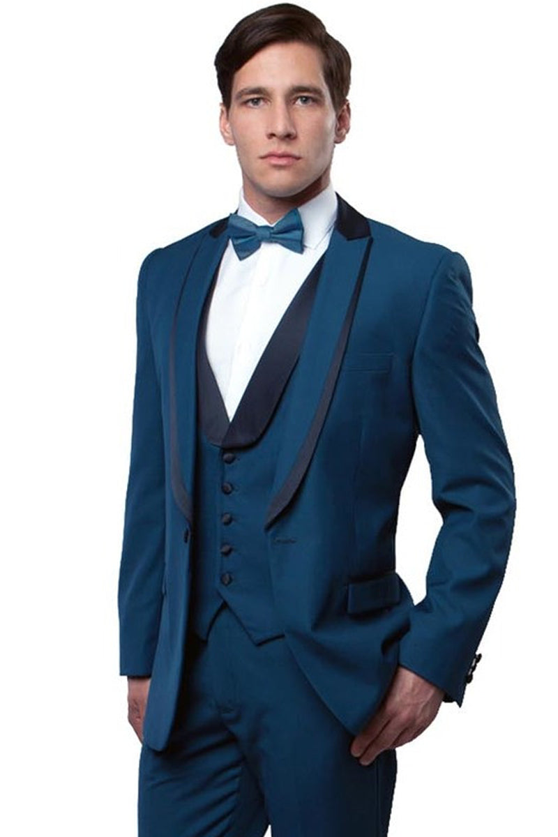 Men's One Button Satin Trimmed Peak Lapel Vested Fancy Tuxedo in Teal Blue