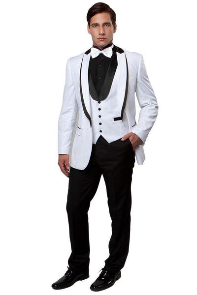 Men's One Button Satin Trimmed Peak Lapel Vested Fancy Tuxedo in White