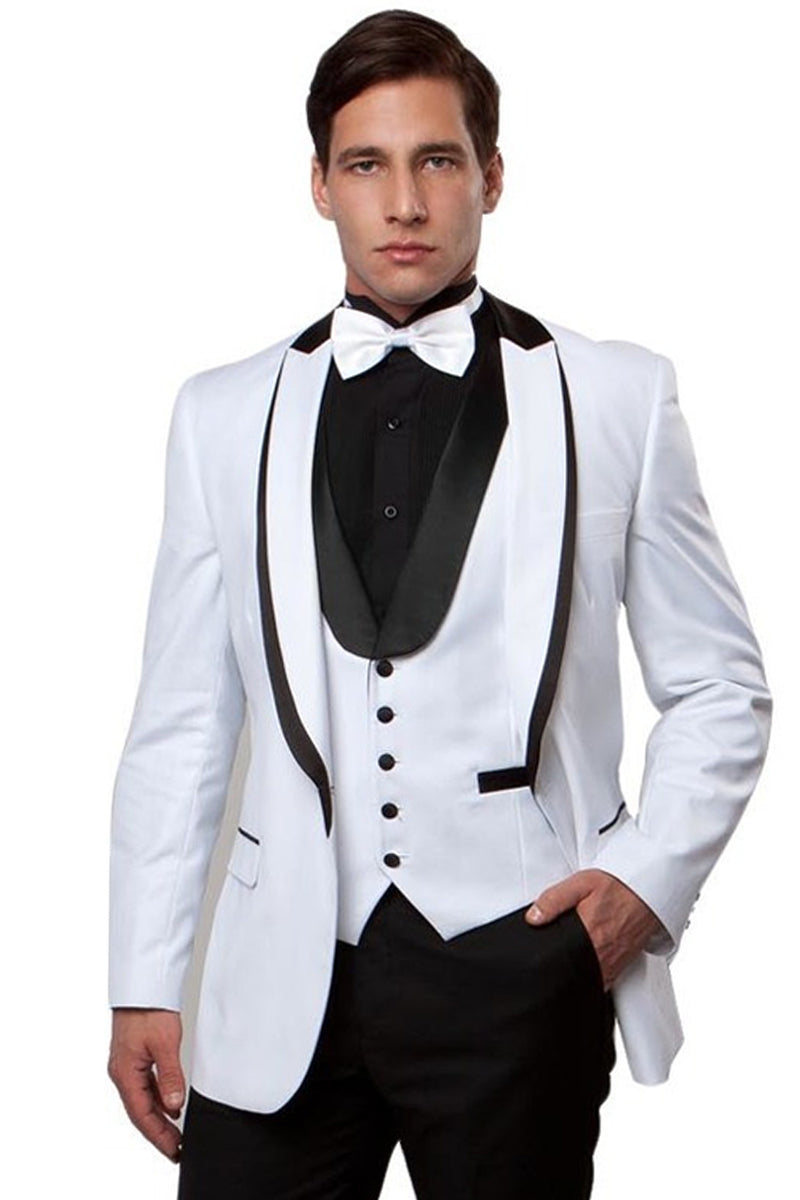 Men's One Button Satin Trimmed Peak Lapel Vested Fancy Tuxedo in White