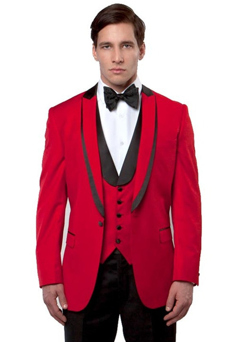 Men's One Button Satin Trimmed Peak Lapel Vested Fancy Tuxedo in Red