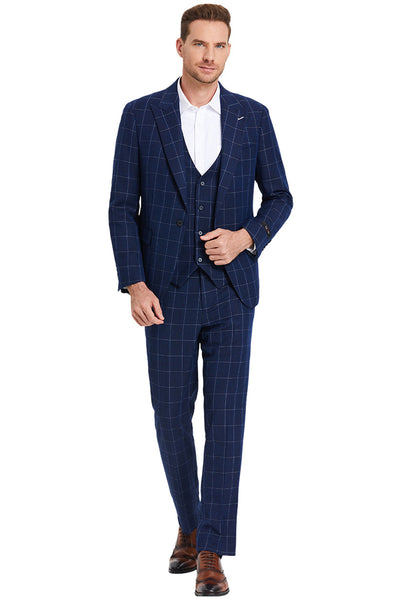 Men's One Button Peak Lapel Vested Bold Chalk Windowpane Plaid Suit in Navy Blue