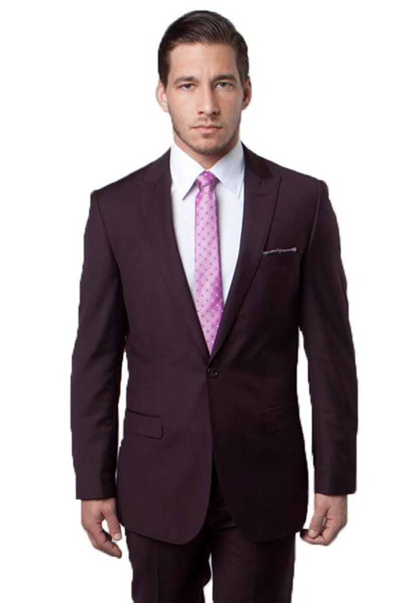 Men's Slim Fit One Button Peak Lapel Suit in Eggplant Plum