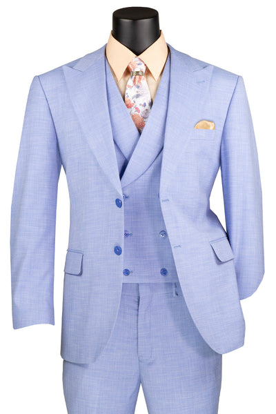 Men's Summer Sharkskin Suit with Double Breasted Vest in Light Blue