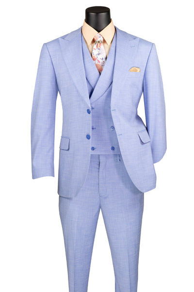 Men's Summer Sharkskin Suit with Double Breasted Vest in Light Blue