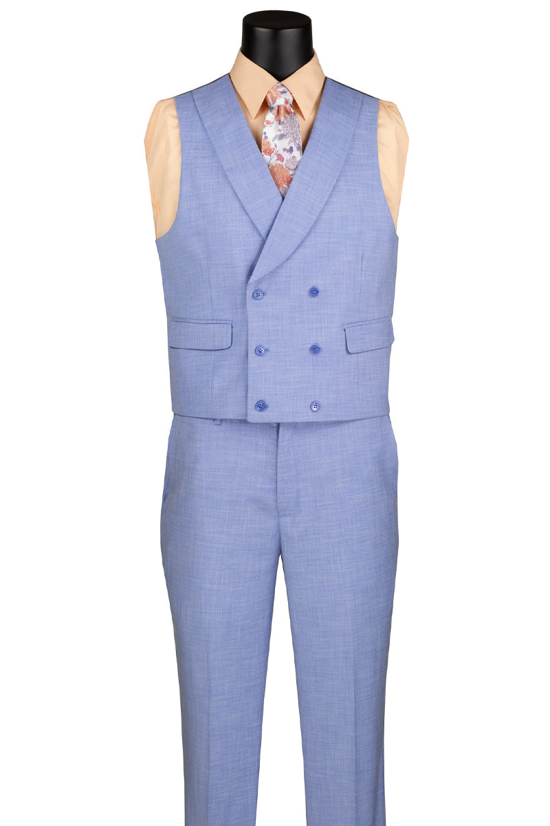 Men's Summer Sharkskin Suit with Double Breasted Vest in Light Blue