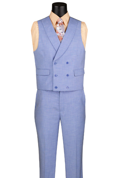 Men's Summer Sharkskin Suit with Double Breasted Vest in Light Blue