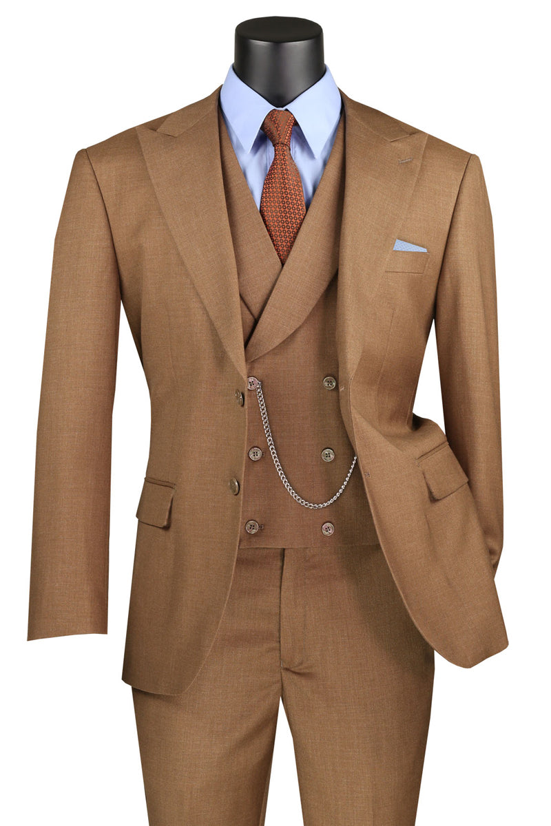 Men's Summer Sharkskin Suit with Double Breasted Vest in Light Brown