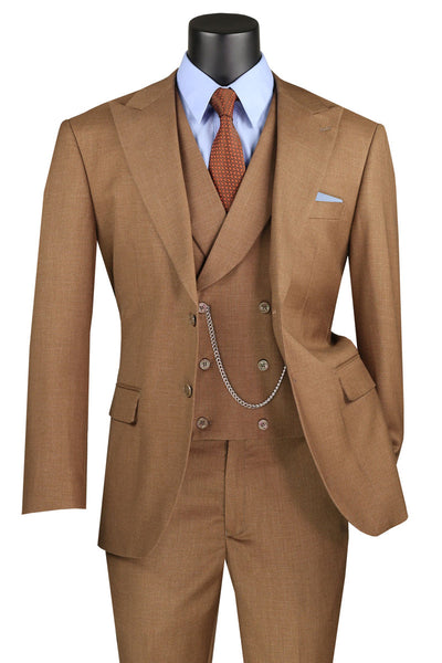 Men's Summer Sharkskin Suit with Double Breasted Vest in Light Brown