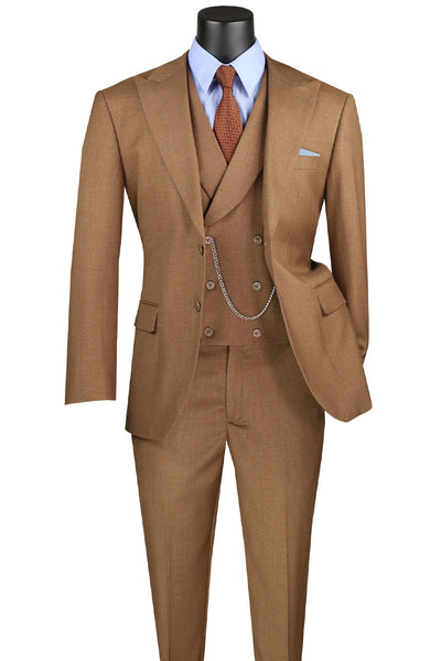 Men's Summer Sharkskin Suit with Double Breasted Vest in Light Brown
