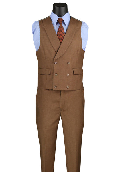 Men's Summer Sharkskin Suit with Double Breasted Vest in Light Brown