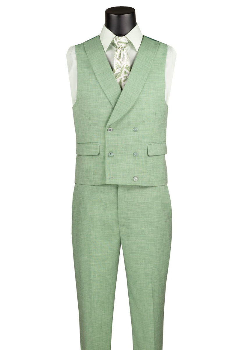 Men's Summer Sharkskin Suit with Double Breasted Vest in Light Green