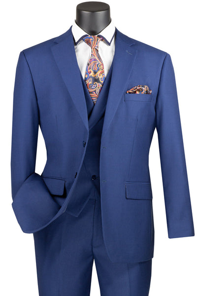 Men's 2 Button Modern Fit Suit with Double Breasted Peak Lapel Vest in Navy Blue