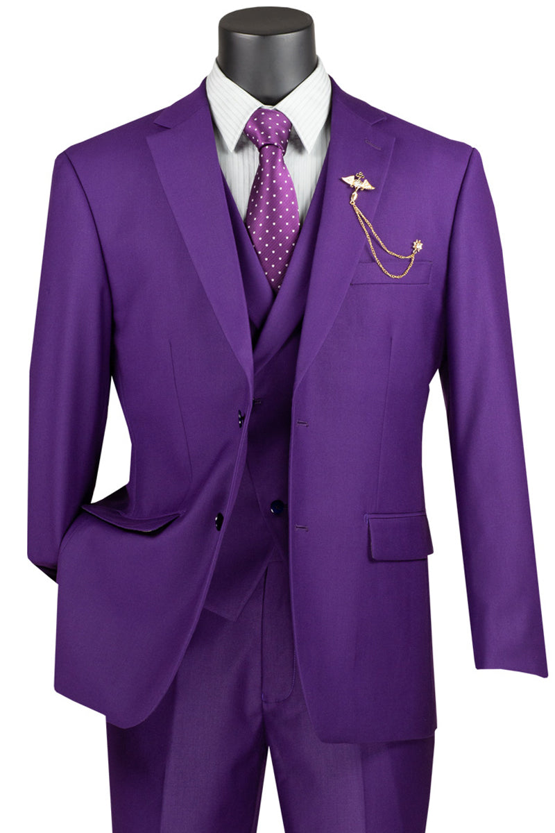 Men's 2 Button Modern Fit Suit with Double Breasted Peak Lapel Vest in Purple