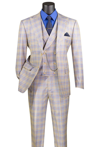 Men's Summer Windowpane Plaid Suit with Double Breasted Vest in Blue