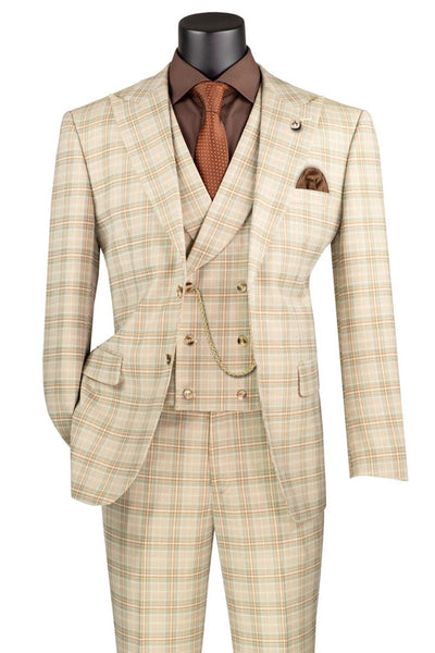 Men's Summer Windowpane Plaid Suit with Double Breasted Vest in Khaki Tan