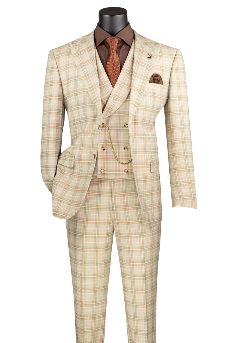 Men's Summer Windowpane Plaid Suit with Double Breasted Vest in Khaki Tan