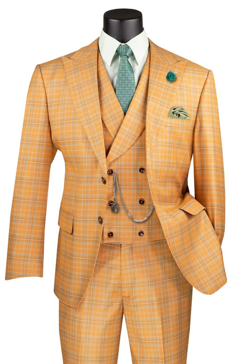 Men's Summer Windowpane Plaid Suit with Double Breasted Vest in Orange