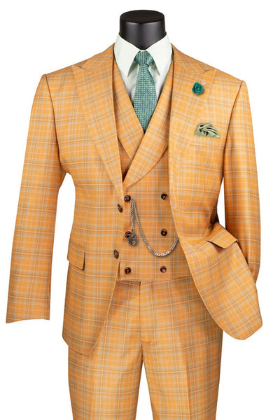 Men's Summer Windowpane Plaid Suit with Double Breasted Vest in Orange