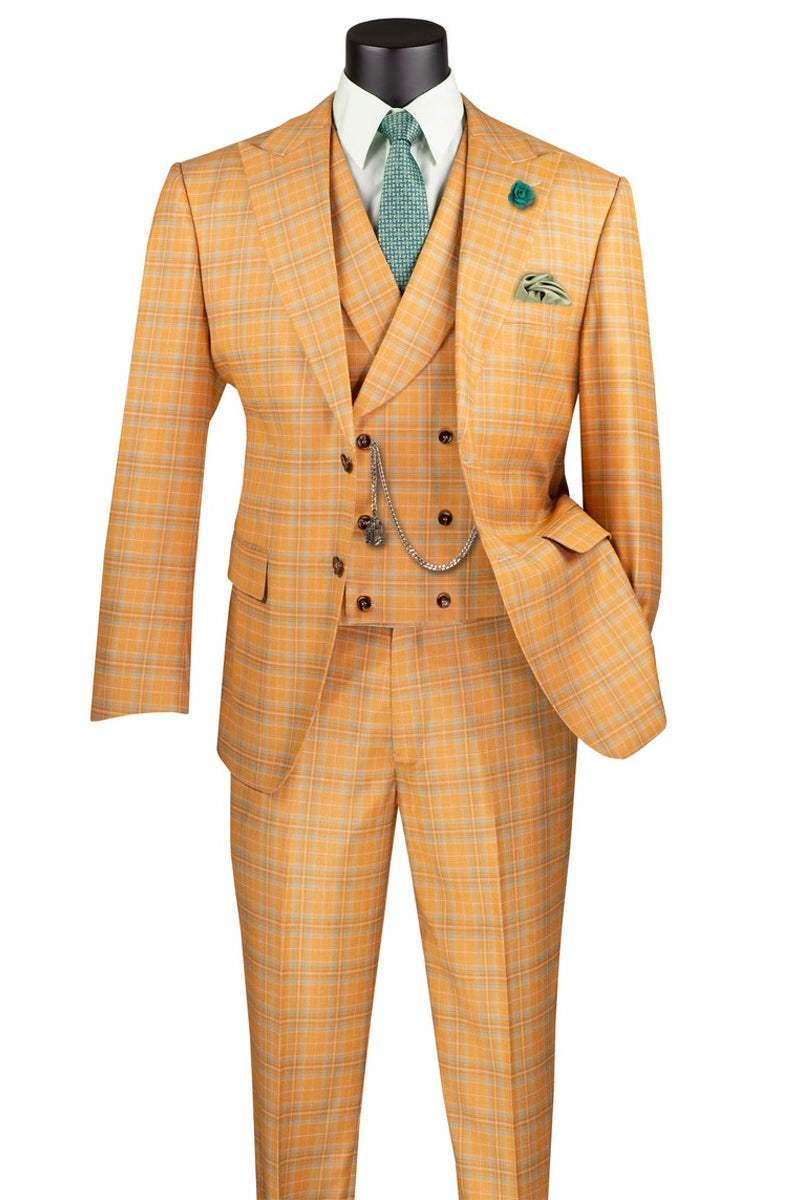 Men's Summer Windowpane Plaid Suit with Double Breasted Vest in Orange