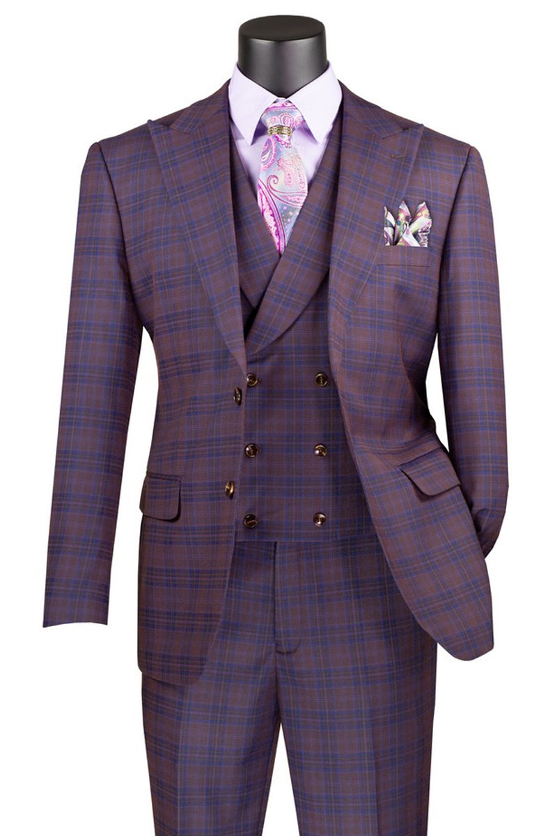 Men's Summer Windowpane Plaid Suit with Double Breasted Vest in Purple