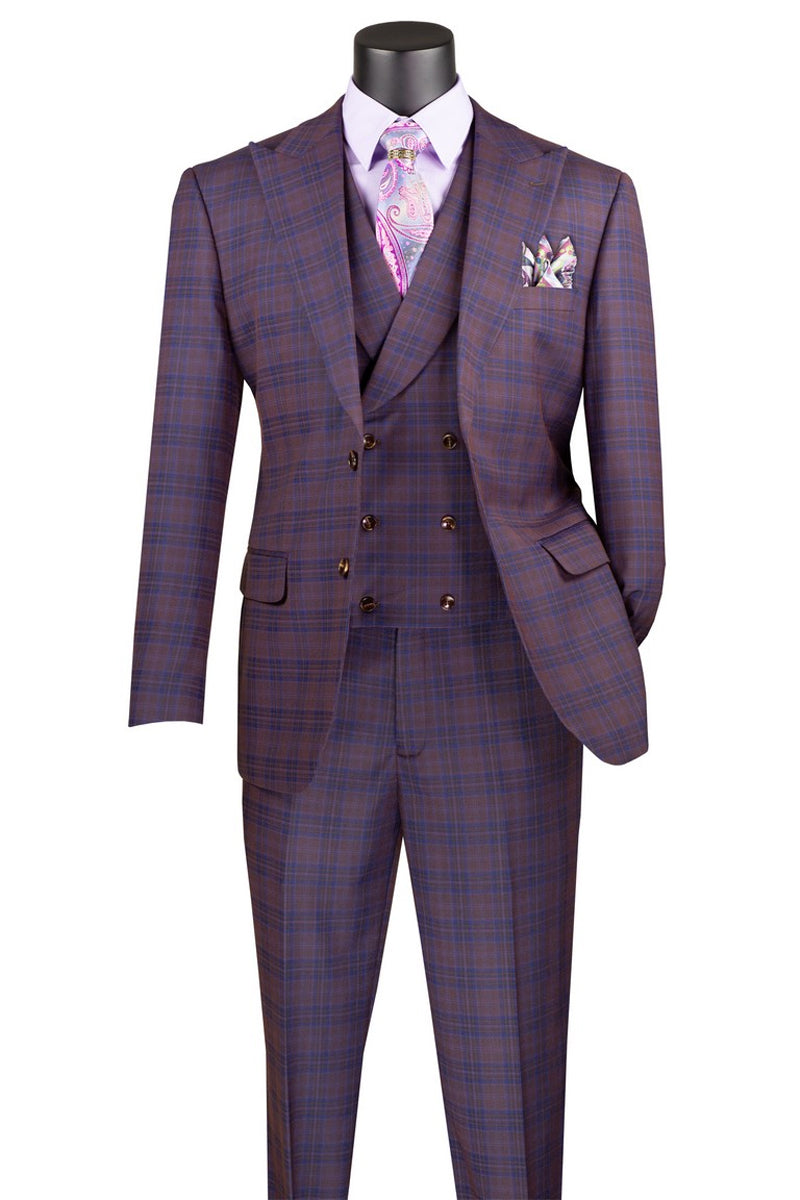 Men's Summer Windowpane Plaid Suit with Double Breasted Vest in Purple