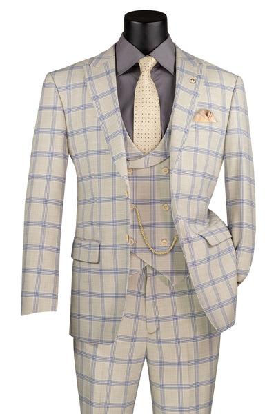 Men's Summer Windowpane Suit with Double Breasted Vest in Light Beige